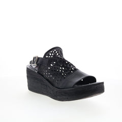 Normie Womens Black Leather Hook & Loop Wedges Sandals Shoes