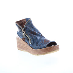 Naylor Floral Womens Blue Leather Zipper Wedges Sandals Shoes
